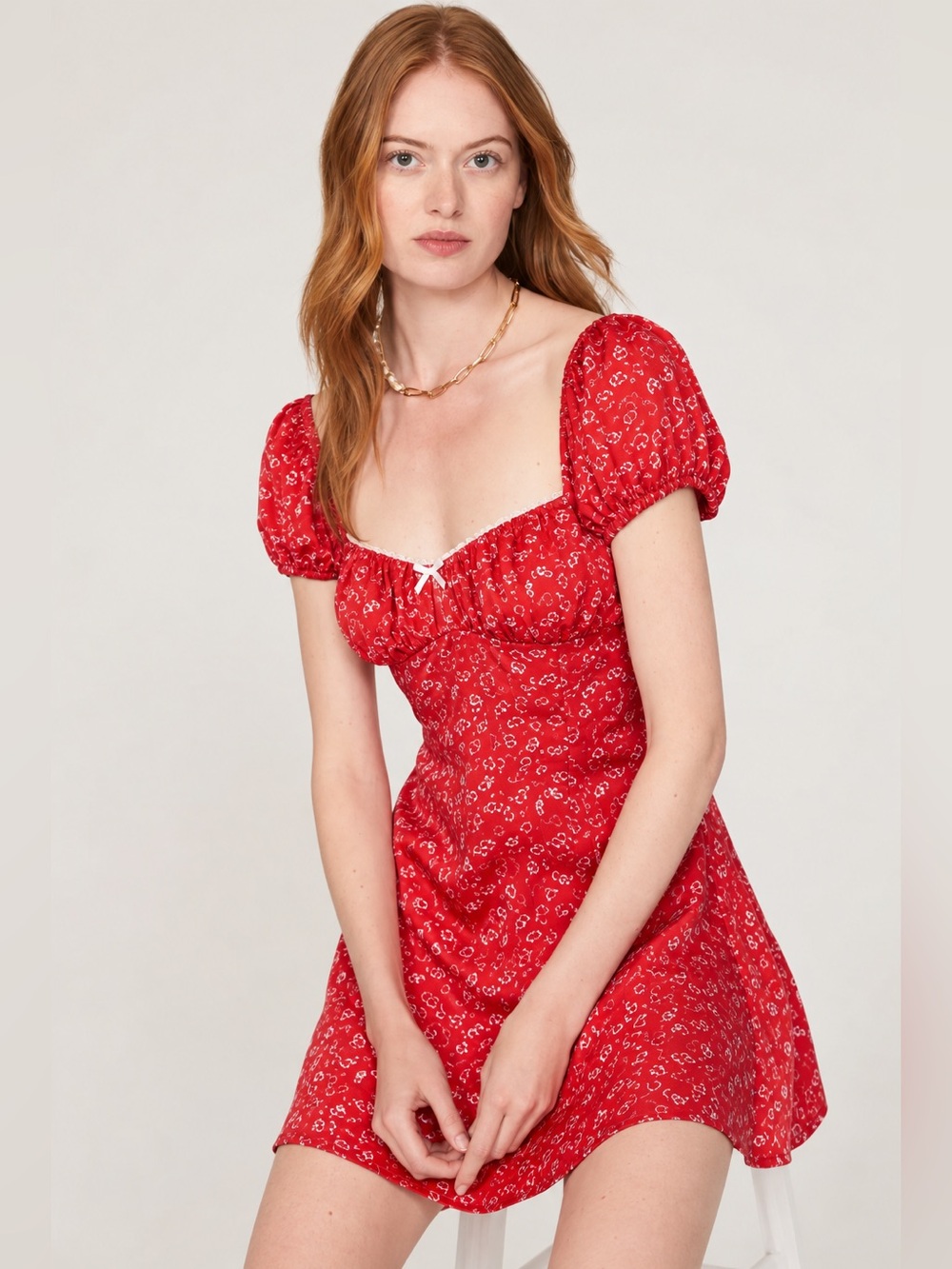 For Love & Lemons Antonia Red Floral Puff Sleeve Mini Dress M NWOT